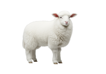 A transparent lamb with voluminous, cloud-like wool and pointed ears, beside a golden ear of wheat on a seamless transparent background with soft studio light, concept of purity and natural beauty