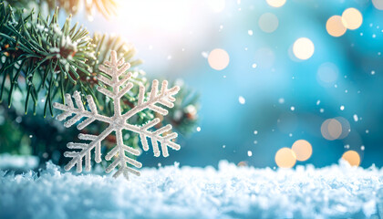 Festive Snowflake with Pine Tree Background