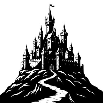 Vector art of a majestic castle perched atop a rugged hill, its towering spires reaching towards the heavens, a winding path leading to its imposing gates