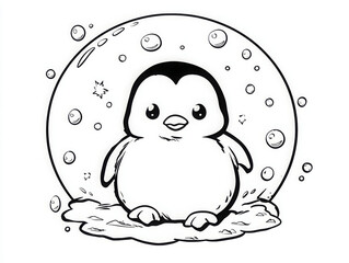 Kawaii penguin chick sitting on ice with many bubbles, perfect for joyful coloring page