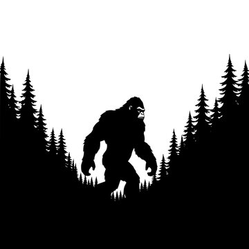 Vector art of a silhouette of a bigfoot walking through a forest, with tall trees surrounding it, creating a sense of mystery and intrigue, the creature is dark and imposing