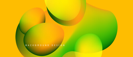 Abstract vibrant shapes blend, creating dynamic yellow, orange, green gradients. Modern design evokes fluidity, energy, positivity.