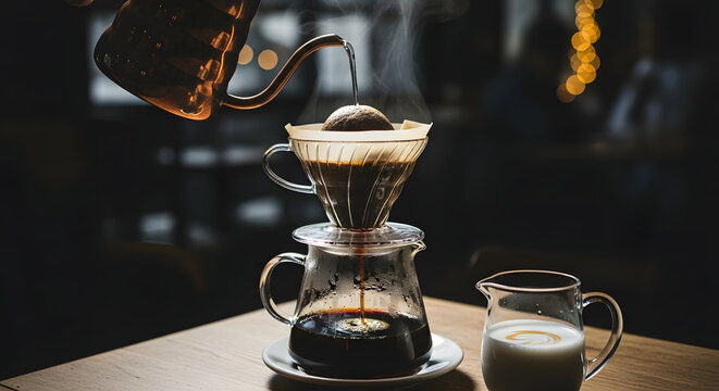The careful art of pour-over coffee brewing, where hot water streams from a kettle over fresh grounds, creating a rich, aromatic, and handcrafted beverage