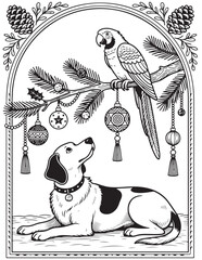 Coloring Page with Dog and Parrot Under Decorated Tree Branch for Kids and Adults