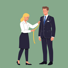 Fototapeta premium Tailor measuring a man in a suit with a yellow measuring tape