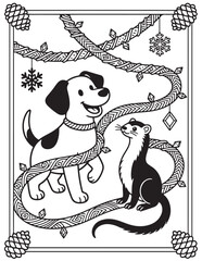 Christmas Coloring Page with Dog and Ferret Playing with Ribbons and Snowflakes for Kids and Adults