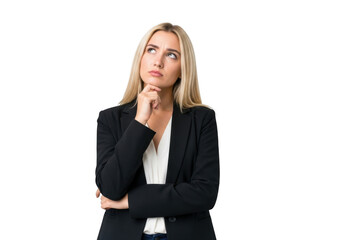 Thoughtful young businesswoman looking up isolated on transparent background, contemplating future opportunities and strategic decisions