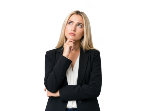 Thoughtful young businesswoman looking up isolated on transparent background, contemplating future opportunities and strategic decisions