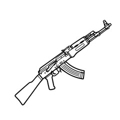 Vector art of a detailed black and white illustration of an ak47 assault rifle, showcasing its iconic design and mechanical components, a symbol of conflict and power