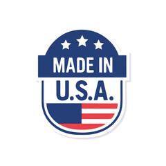 Made in USA badge label with flag design. USA made patriotic badge with stars and stripes.