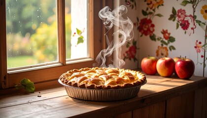 Warm apple pie on a windowsill, steam rising, sunlight streams in, apples nearby