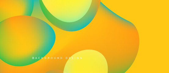 Abstract fluid shapes blend, creating vibrant yellow, orange, green gradients. Modern design evokes energy, movement, positivity. Background features text background design.