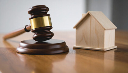 Obraz premium Gavel and mini wooden house on table, legal property disputes, justice and real estate agreements