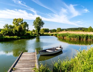Fototapeta premium Calm river scene with small boat
