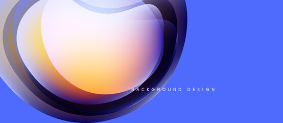 Abstract blue background features layered, flowing shapes. Gradient colors blend from orange to purple, creating dynamic visual effect. Modern design.