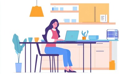 Fototapeta premium Woman working remotely from home at kitchen table with laptop and coffee cups