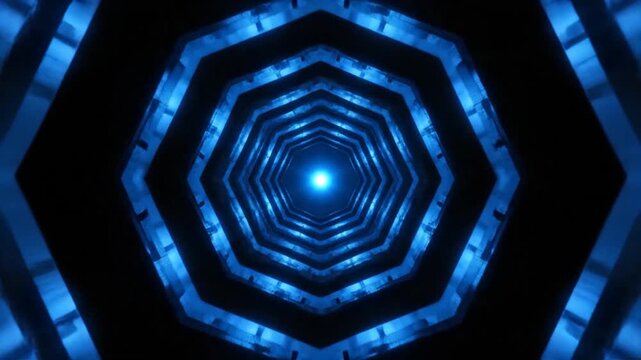 Abstract glowing blue geometric tunnel perspective with a bright light at the vanishing point
