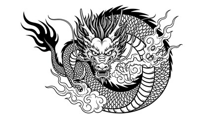 A detailed black and white illustration of a traditional east asian dragon, coiled and majestic, with flowing mane and whiskers, surrounded by stylized clouds