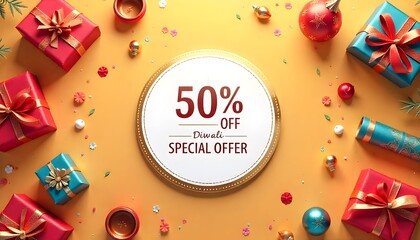 Diwali sale banner with gifts, diyas, and festive decorations, offering 50 off special deals for the indian festival of lights. 