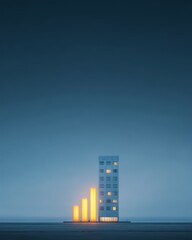 Fototapeta premium Isolated modern office building with a bar chart icon, symbolizing analytics, performance, and growth.