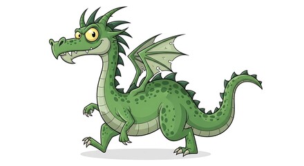 A cartoon illustration of a friendly, green dragon with large yellow eyes and wings, walking happily with its mouth open, isolated on a white background
