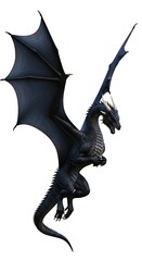 A sleek, black dragon with dark, sharp wings in flight, depicted in a dynamic pose against a white background, isolated