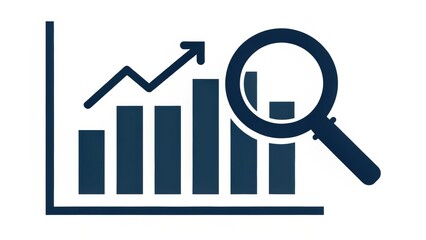 Business Icon Graphical representation of data with a magnifying glass highlighting trends and analysis.