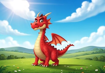 A cheerful, cartoon red dragon with big eyes and a mischievous grin, standing in a sunny green meadow with rolling hills and fluffy clouds, vibrant and playful