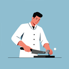 Man in white coat sharpening a knife on a sharpening stone