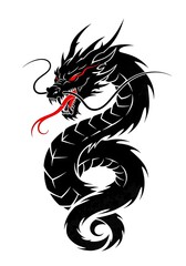 A fierce black dragon with glowing red eyes and a red tongue, depicted in a stylized, graphic art form, isolated on white background