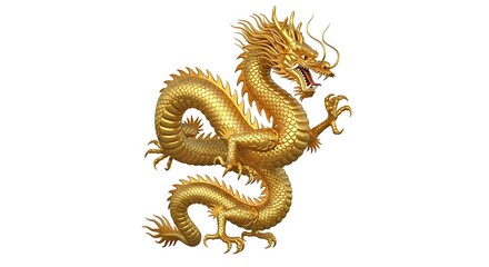 A magnificent golden dragon, rendered in 3d, showcasing its detailed scales, powerful claws, and serpentine body, isolated on white background