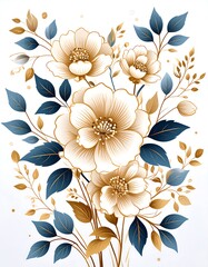 Elegant floral arrangement in cream and gold tones, accented with dark blue-green foliage