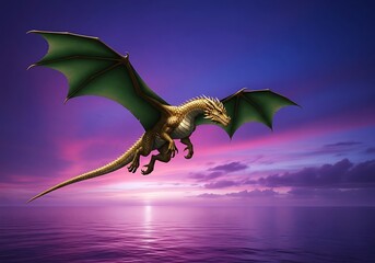 A majestic golden dragon with large green wings soars through a vibrant purple and pink sunset sky over a calm ocean, its silhouette illuminated by the setting sun