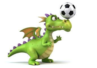 A cute, cartoon green dragon with purple spikes playing with a soccer ball, isolated on a white background