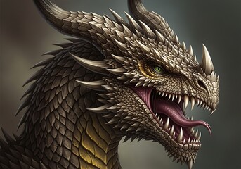 Closeup of a fearsome, scaly dragon head with sharp teeth, glowing green eyes, and a forked tongue, set against a dark, atmospheric background