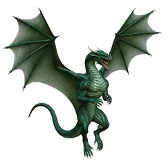 A fierce, realistic green dragon with large wings spread, in a dynamic pose, isolated on white background