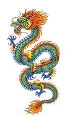A traditional chinese dragon, depicted in vibrant green and orange, with a long, serpentine body and flowing mane, isolated on white background