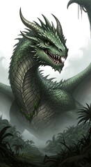 A fearsome green dragon with sharp horns and teeth, emerging from a misty jungle environment, its scales detailed and textured, with large wings folded