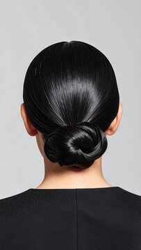 Sleek low bun hairstyle on straight, dark hair