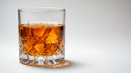 Elegant snifter glass filled with amber whiskey on a white background, perfect for beverage and alcohol-related designs and projects.
