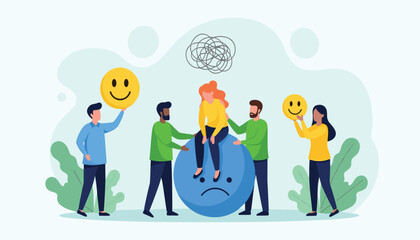 Vector art of group of people supporting a woman struggling with mental health, showing empathy and offering happiness symbols 