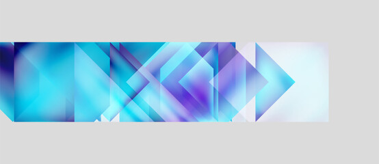 Abstract geometric shapes overlap, creating vibrant blue, purple gradients. Modern design suggests movement, technology, innovation.