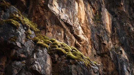 Textured cliff face with dark rock and moss, capturing the geological surface