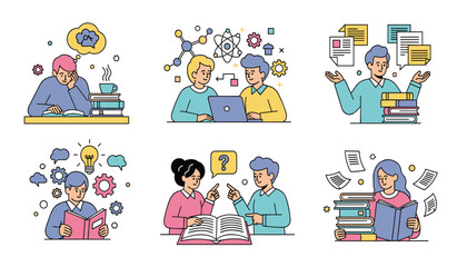 Illustration of students studying and collaborating, depicting learning, research, and teamwork in an educational setting 