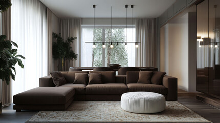A brown L-shaped sofa faces a dark wood table and a white textured ottoman. Pendant lighting, patterned rug, and sheer curtains soften the space, mirrored walls expand it.