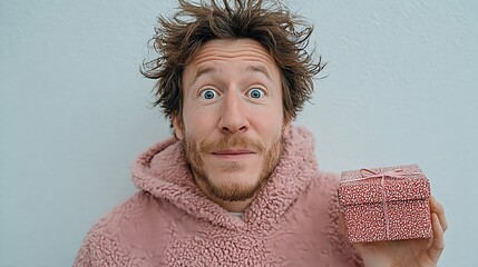 Surprised man holding gift box in studio