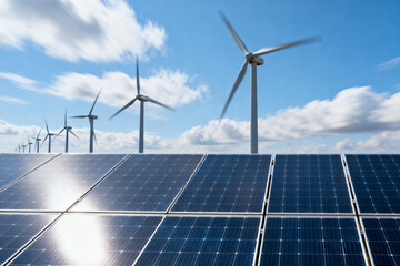 Solar panels and wind turbines under a blue sky, symbolizing sustainable energy synergy, clean power, and renewable technology integration in a modern landscape.Generated by AI