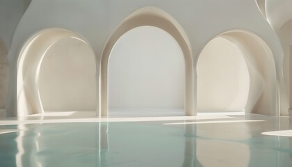 Serene Architectural Scene With Pointed Arches And Ocean View