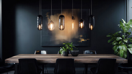 Wooden dining table with black chairs, dark walls, warm abstract art, pendant lights, and greenery bring contrast and warmth.