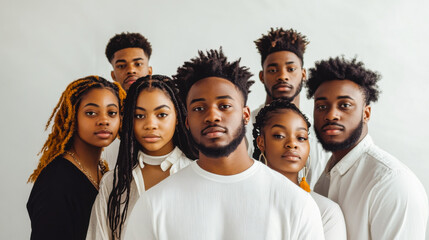 Group of young adults showcasing diverse hairstyles in a studio setting with bright lighting during a creative photoshoot